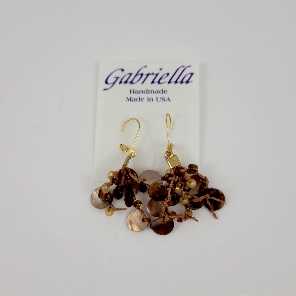 Brown Shell Cluster Dangle Earrings with Gold Hooks